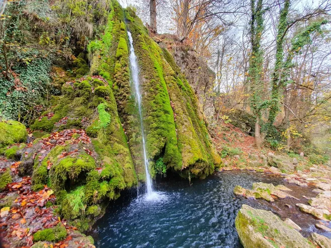 Cascada Vadu Crișului căzând peste stânci acoperite de mușchi